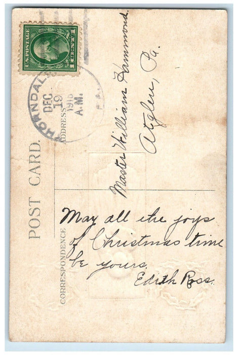 c1910's Christmas Little Girl Doll Candle Lights Embossed Thorndale PA Postcard