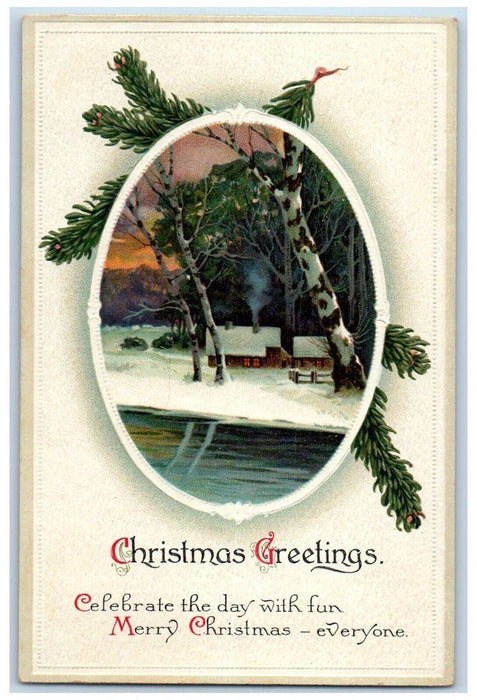 Christmas Greetings Pine Cone House Winter Clapsaddle Embossed Antique Postcard