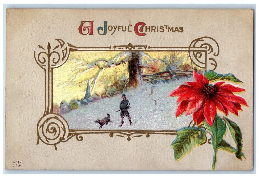 c1910's Christmas Boy Hunting Hound Poinsettia Flowers Winter Embossed Postcard