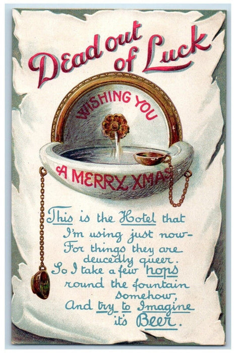 c1910's Christmas Beer Fountain Dead Out Of Luck Embossed Antique Postcard