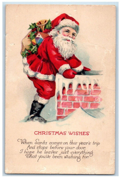 c1910's Christmas Wishes Santa Claus Chimney Winter Posted Antique Postcard
