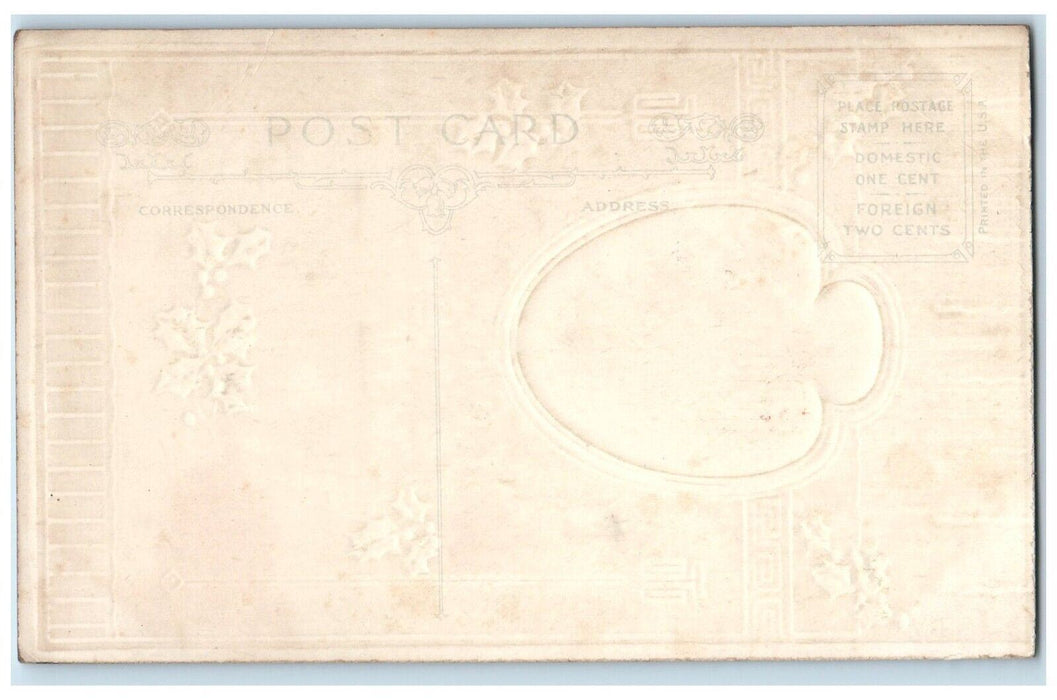 c1910's Christmas Little Girl With Gift Holly Berries Embossed Antique Postcard