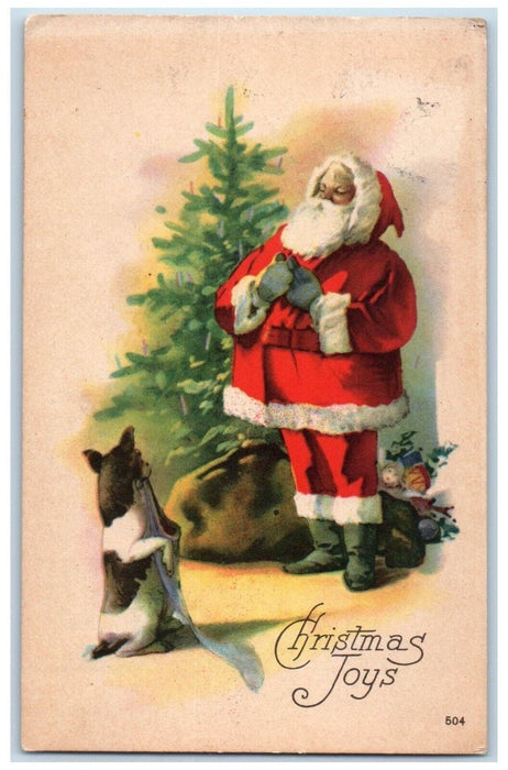 1921 Christmas Joys Santa Claus Sack Of Toys Dog Posted Antique Postcard