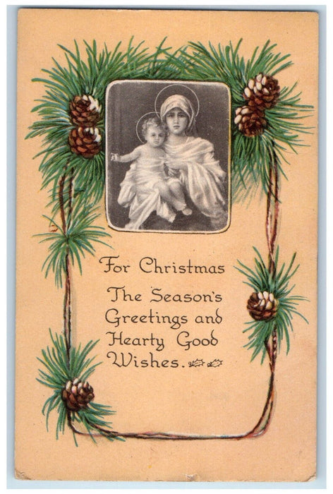c1910's Christmas Greetings Pine Cone Religious Gibson Unposted Antique Postcard