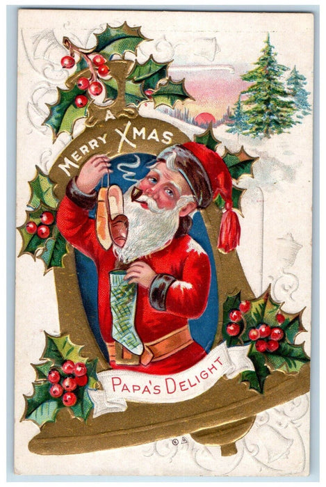 Christmas Santa Claus Pipe Dutch Clog Shoes Gift Putting In Stocking Postcard