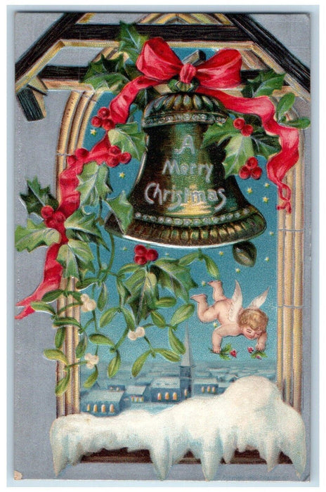 Christmas Angel Bare Butt Holly Berries Mistletoe Bells Embossed Posted Postcard