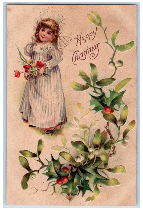 Christmas Little Girl With Flowers Berries Mistletoe Embossed Nash Postcard