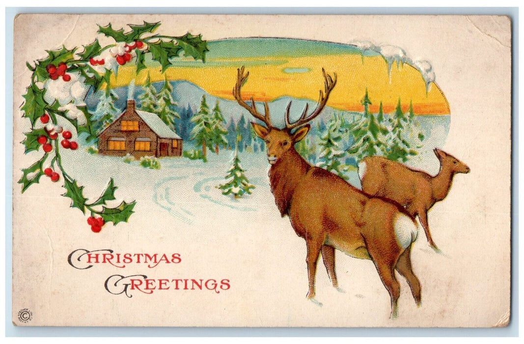 c1910's Christmas Greetings Deer House Winter Holly Berries Embossed Postcard
