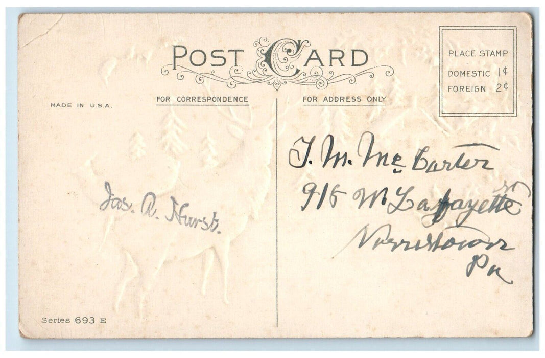 c1910's Christmas Greetings Deer House Winter Holly Berries Embossed Postcard