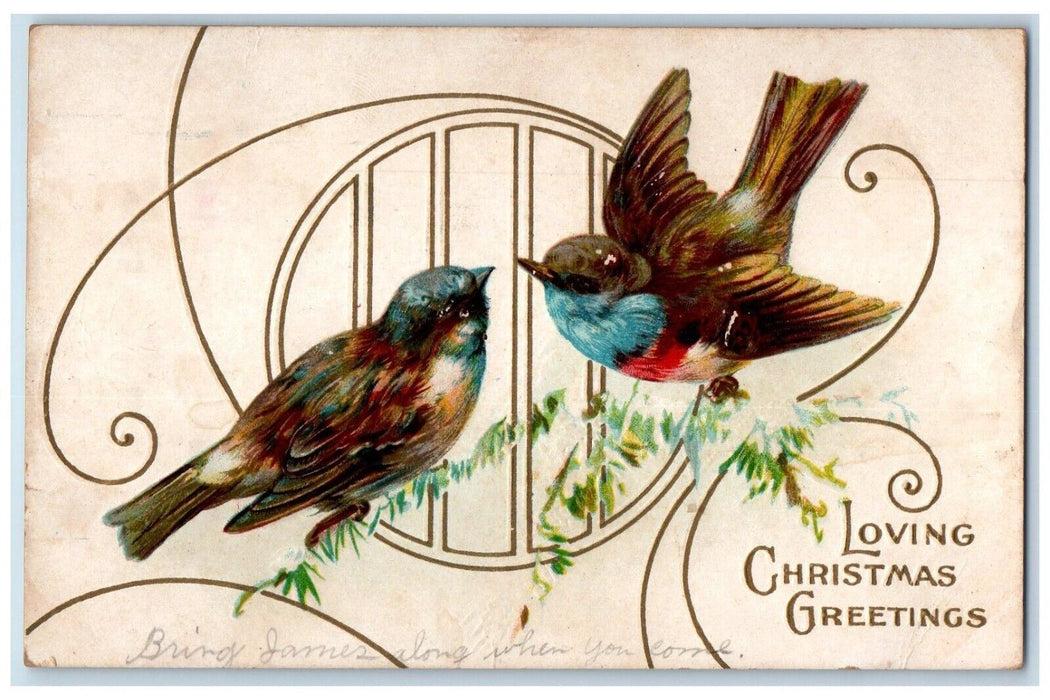 1911 Christmas Greetings Song Birds Embossed York Pennsylvania PA Postcard