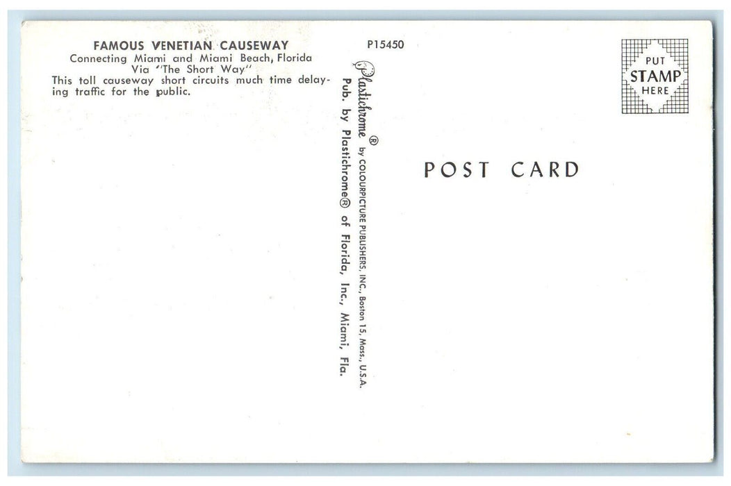 c1960 Famous Venetian Causeway Connecting Short Way Miami Beach Florida Postcard