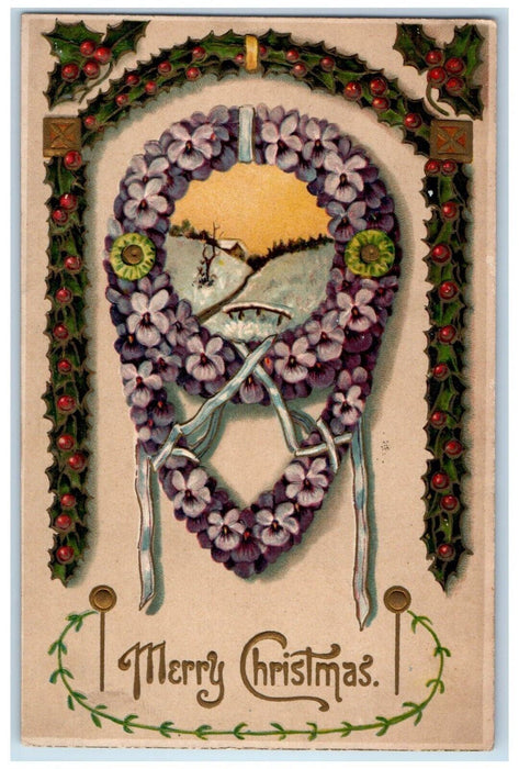 c1910's Christmas Holly Berries Pansies Flowers Embossed Antique Postcard