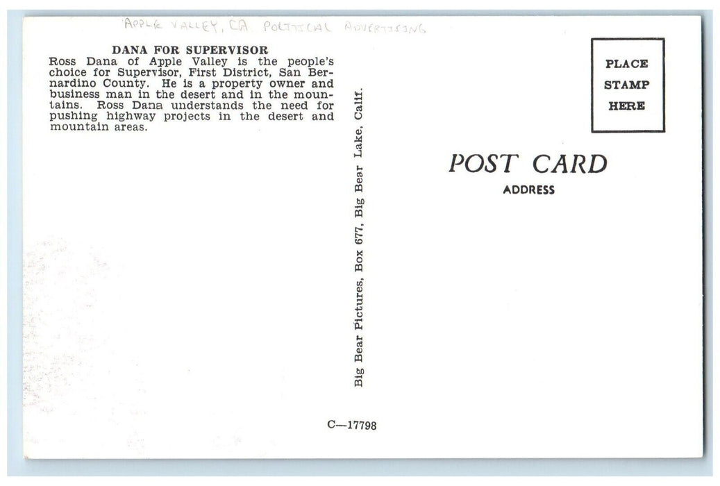 c1960 Dana Supervisor Apple Valley California CA Political Advertising Postcard