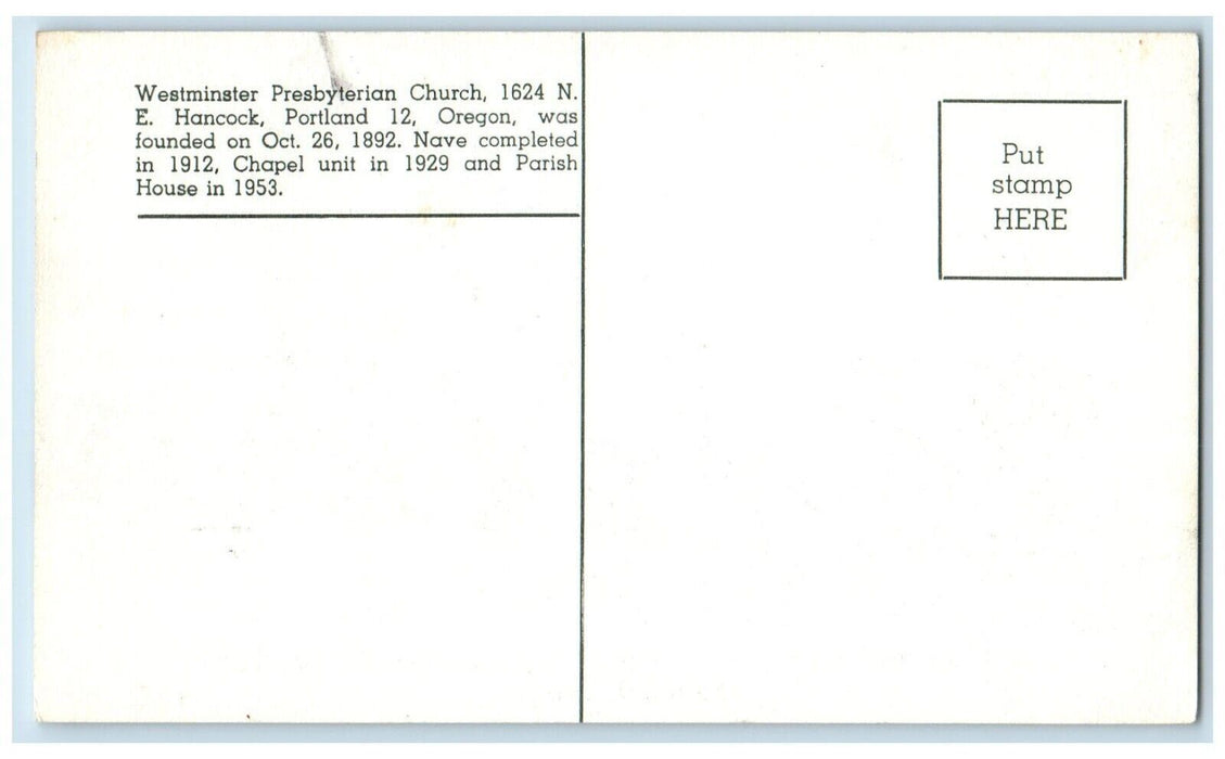 c1940 Westminster Presbyterian Church New Parish House Portland Oregon Postcard