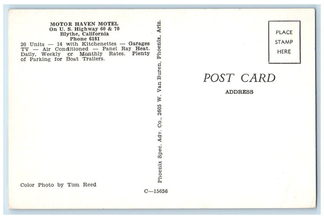 c1960 Motor Haven Motel U.S. Highway Parking Boat Blythe California CA Postcard