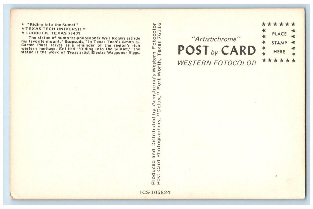 1960 Riding Sunset Texas Tech University Lubbock Electra Waggoner Texas Postcard