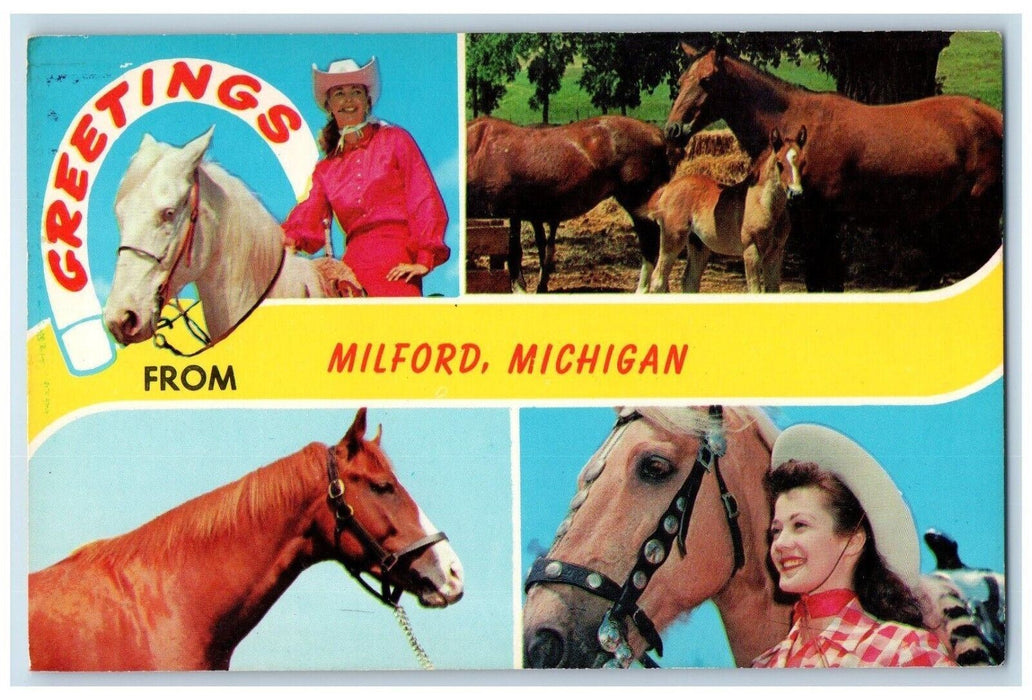 1960 Greetings From Milford Horse Multiview Cowgirl Equestrian Michigan Postcard