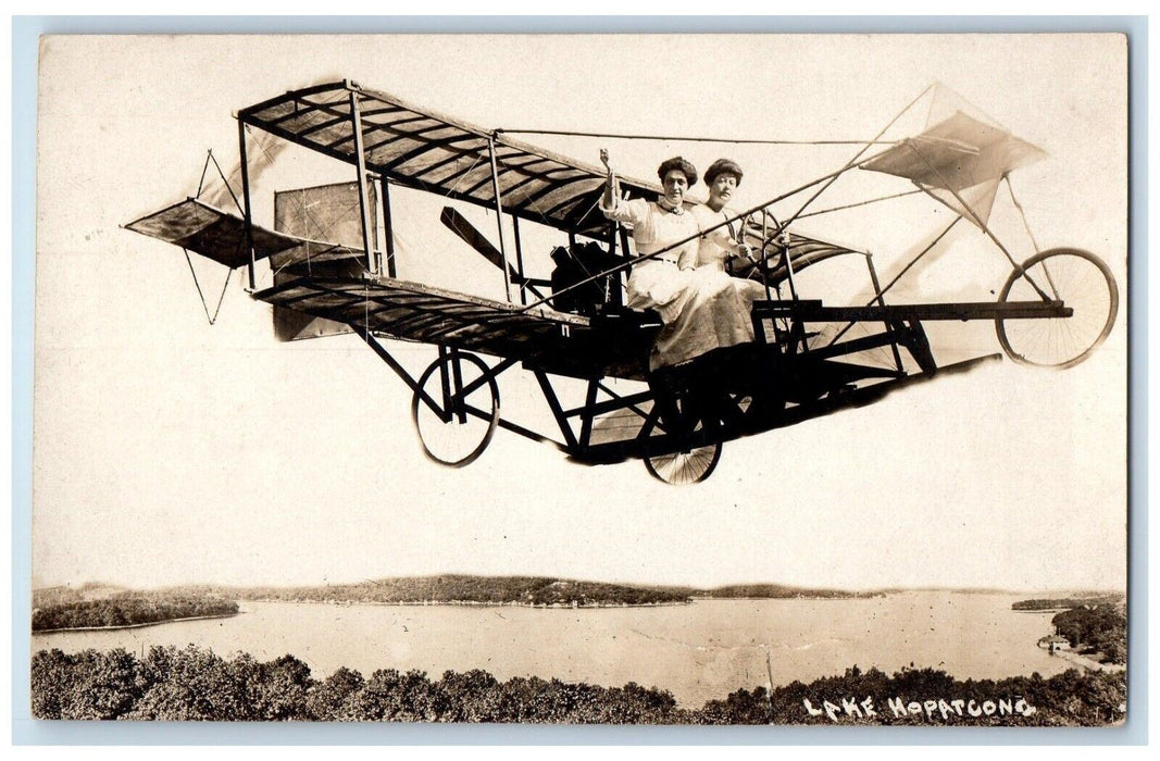 c1910 Airplane Studio Surreal Women Flying Lake Hopatcong NJ RPPC Photo Postcard
