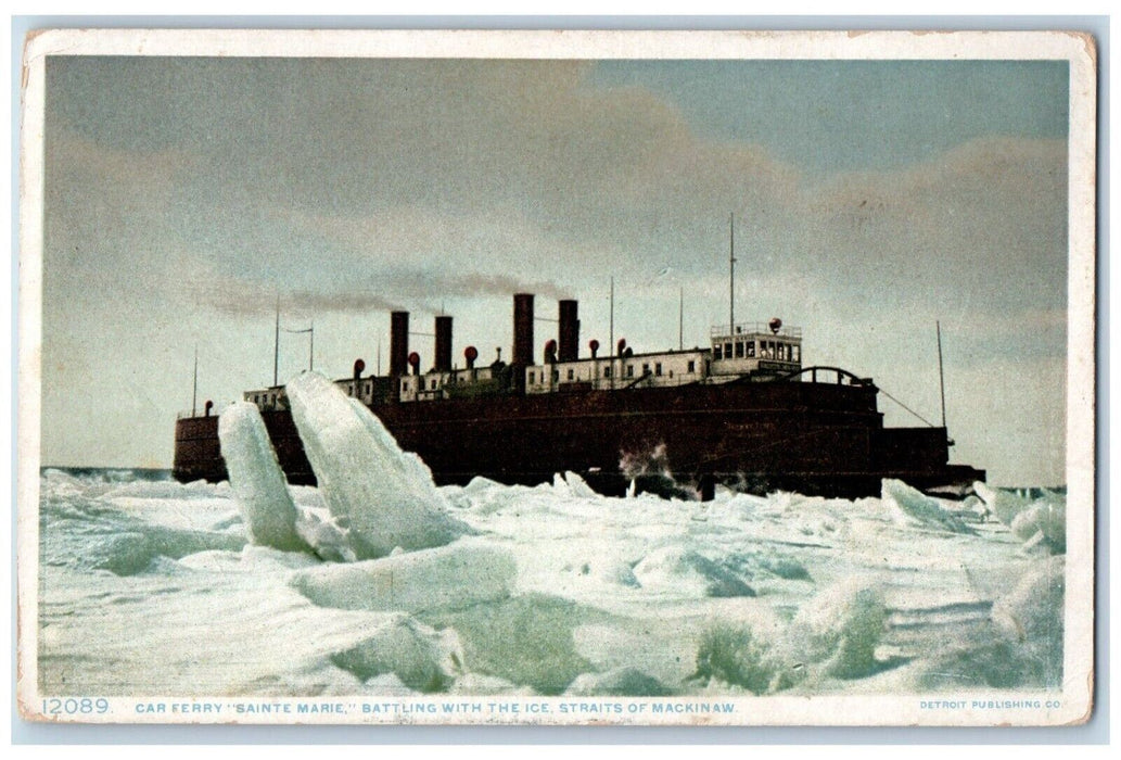 c1910 Car Ferry Sainte Marie Battling Ice Straits Mackinaw Michigan MI Postcard