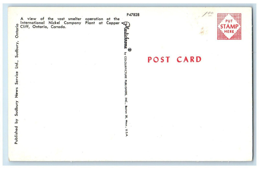 c1960's Vast Smelter Operation Nickel Company Plant Copper Cliff Canada Postcard