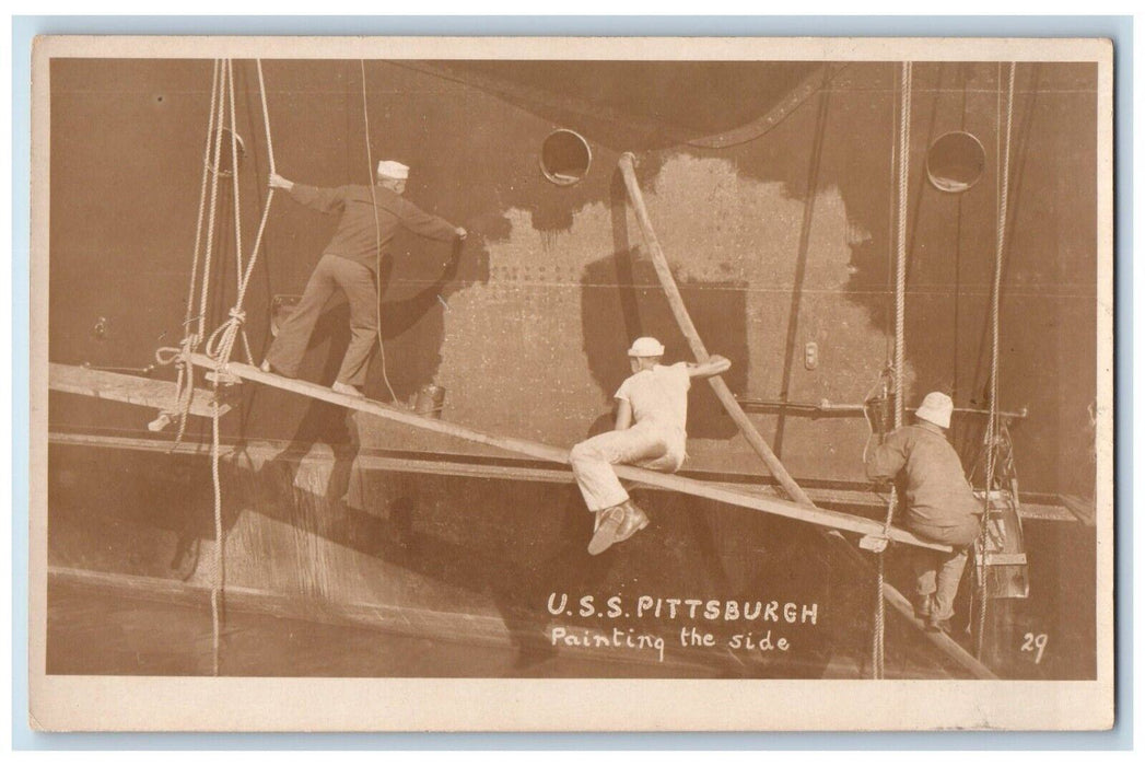c1923 USS Pittsburgh Ship Painting The Side Unposted Antique RPPC Photo Postcard
