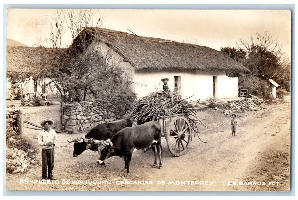 c1910 Pueblo Child Cows Cart Huajuquito Monterrey Mexico RPPC Photo Postcard