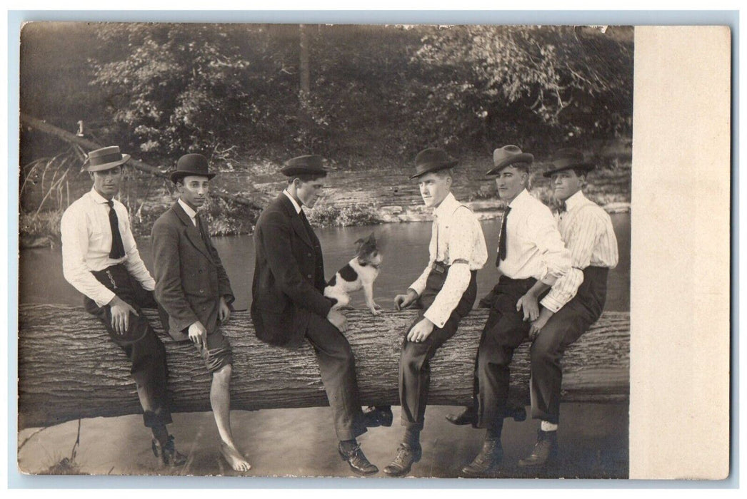 c1910's Terrier Dog Candid Young Kids Men On Log Illinois RPPC Photo Postcard