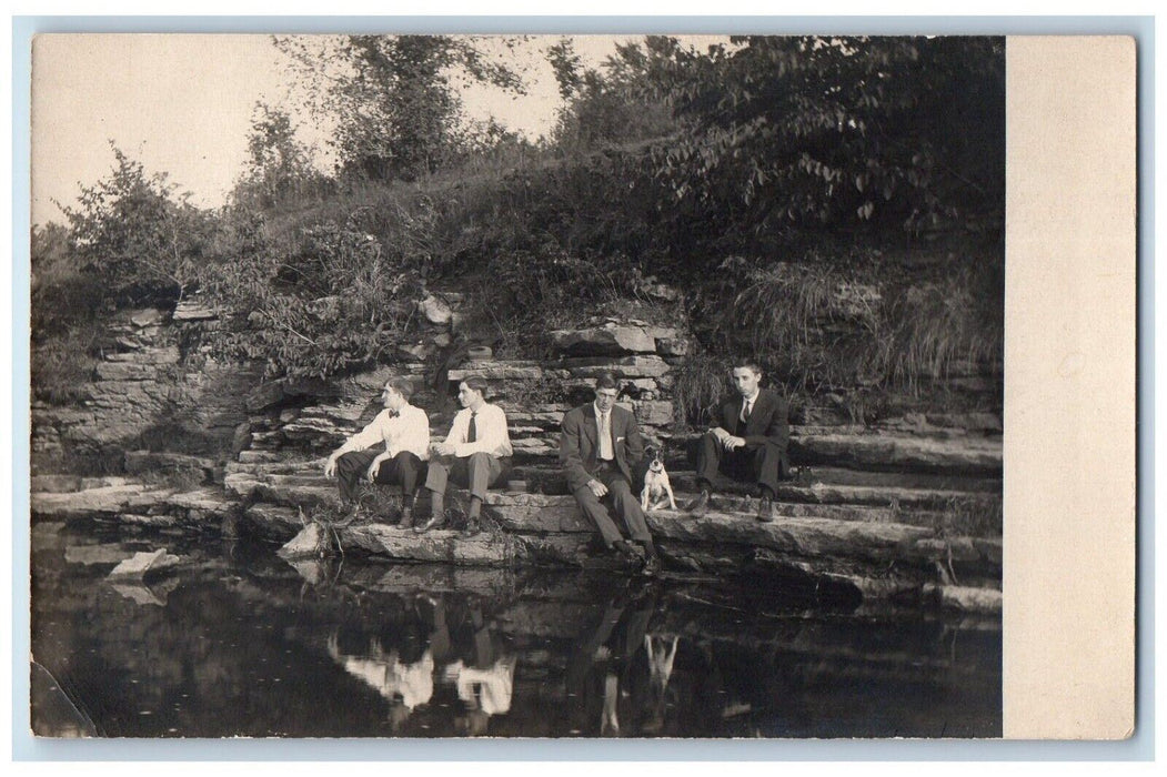 c1910's Terrier Dog Candid Young Kids Men At River Illinois RPPC Photo Postcard