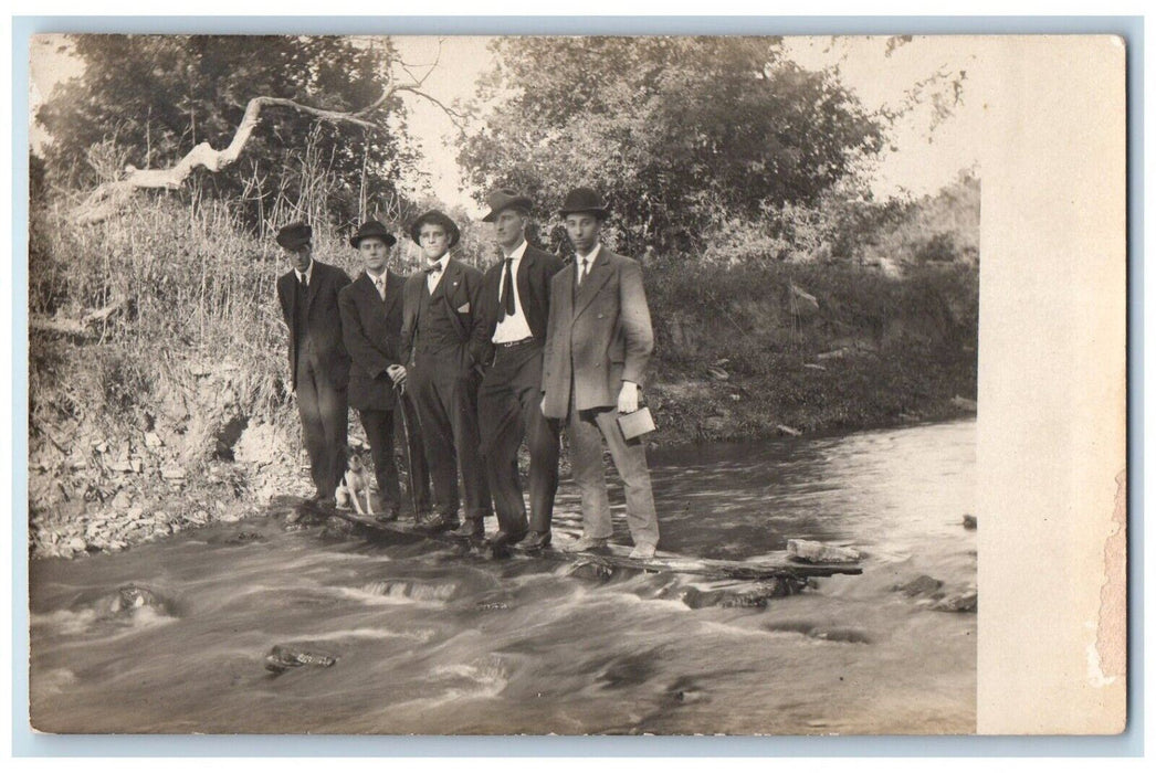 c1910's Candid Young Kids Men At The River Illinois Antique RPPC Photo Postcard