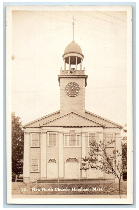 c1930's New North Church Hingham Massachusetts Tower Clock RPPC Photo Postcard