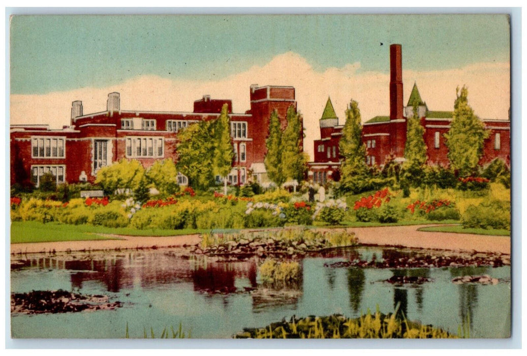 1953 Sunken Garden Jackson Park and Kennedy Collegiate Windsor Canada Postcard