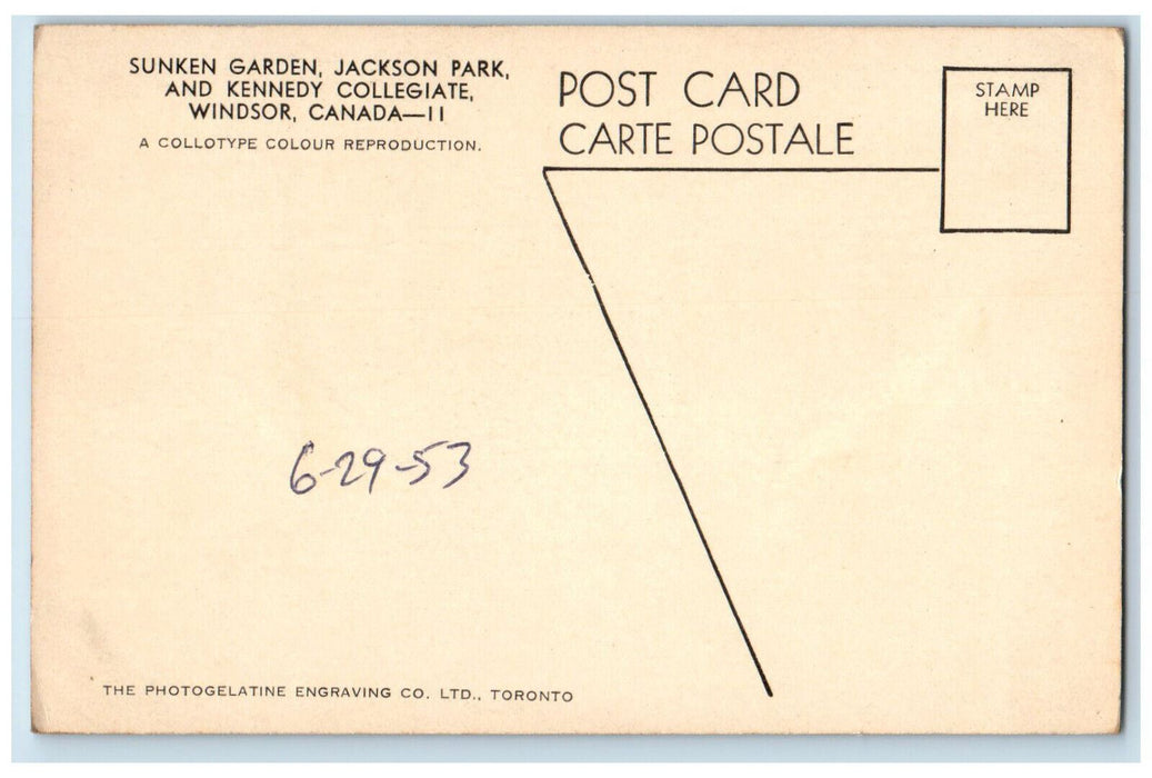 1953 Sunken Garden Jackson Park and Kennedy Collegiate Windsor Canada Postcard