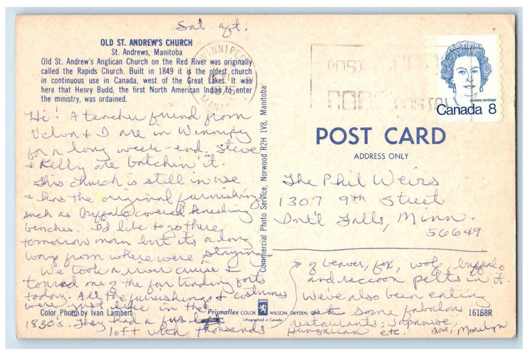 1975 Old St. Andrews Church St. Andrews Manitoba Canada Vintage Postcard