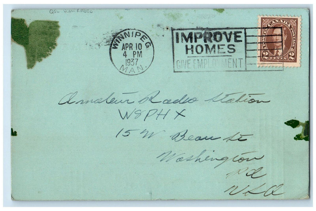 1937 Ham Radio QSL VE4QG Winnipeg Manitoba Canada Vintage Posted Postcard