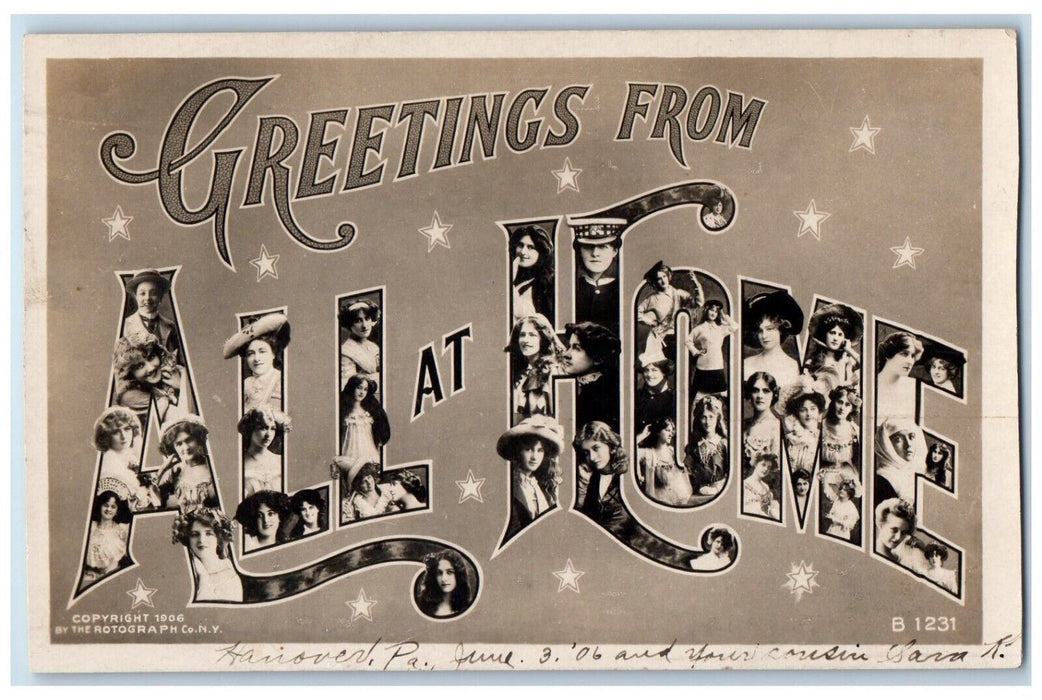 1906 Greetings From All The Home Hanover PA, Prety Womens RPPC Photo Postcard