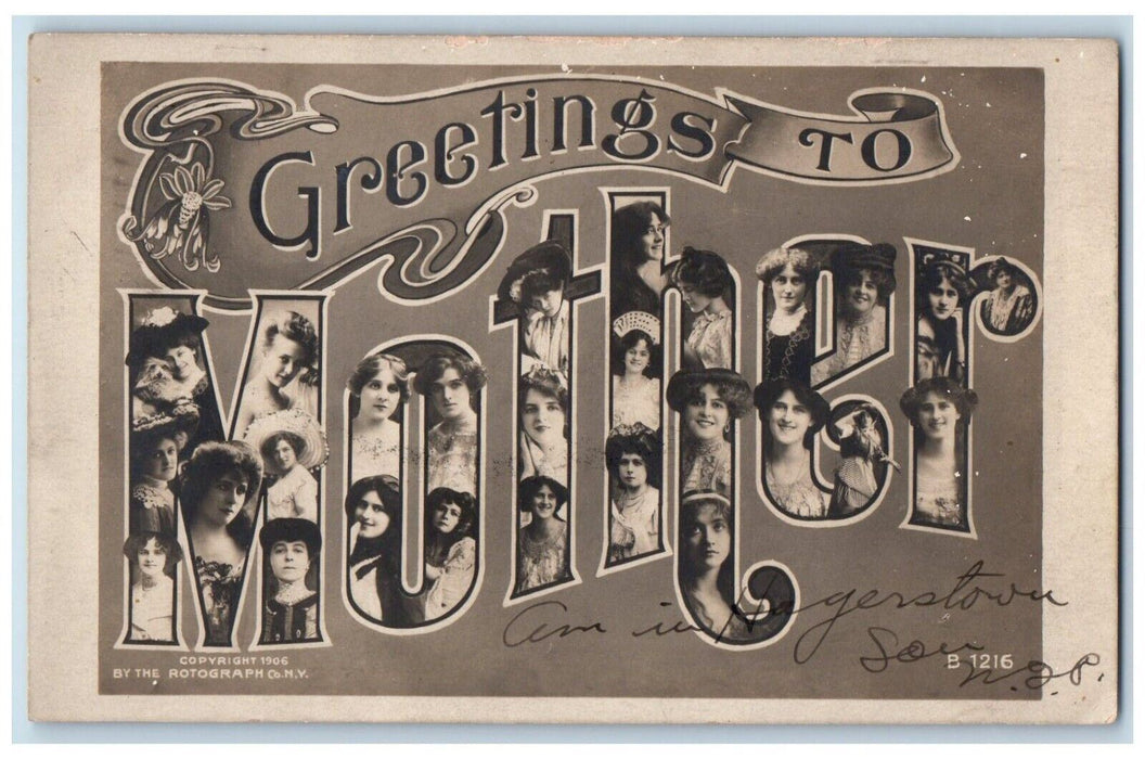 1906 Greetings To Mother Hagerstown MD, Prety Womens RPPC Photo Postcard