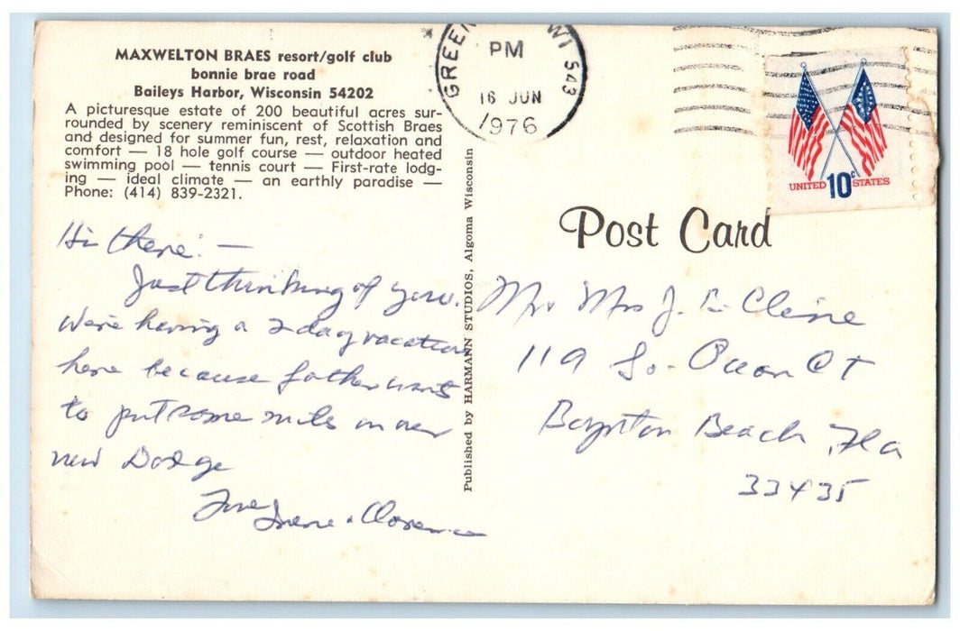 1976 Maxwelton Braes Resort Golf Club Bonnie Brae Road Baileys Harbor Postcard