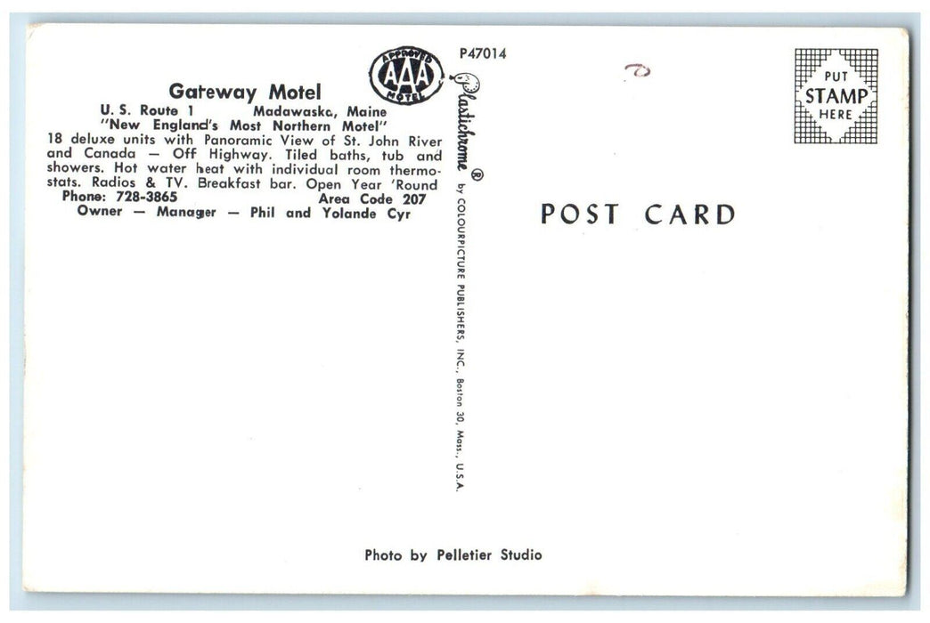 c1960 Gateway Motel U.S. Route Signage Hotel Parking Madawaska Maine ME Postcard