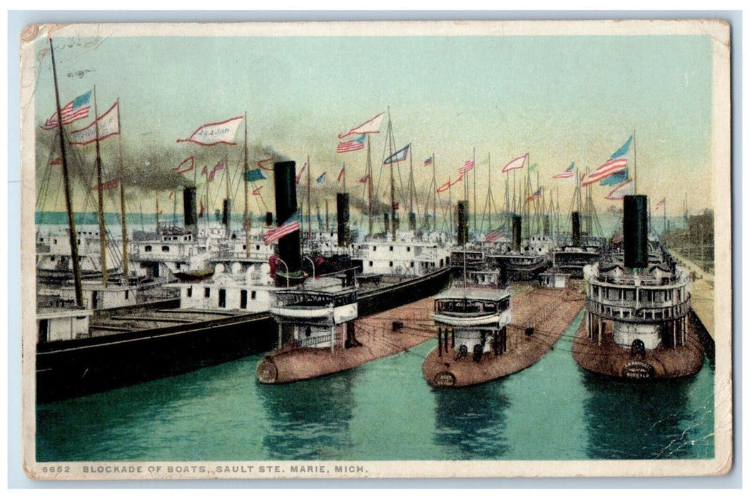 1922 Blockade Boats Lake Sault Ste Marie Houghton Michigan MI Antique Postcard