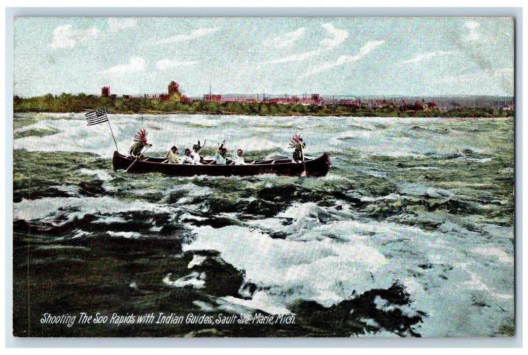 1910 Shooting Soo Rapids Indian Guides Sault Ste Marie Michigan Vintage Postcard