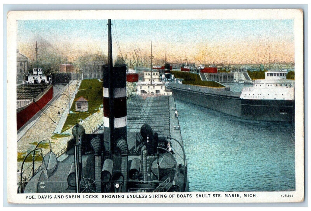 c1920 Davis Sabin Locks Showing Endless String Boats Sault Ste Marie MI Postcard