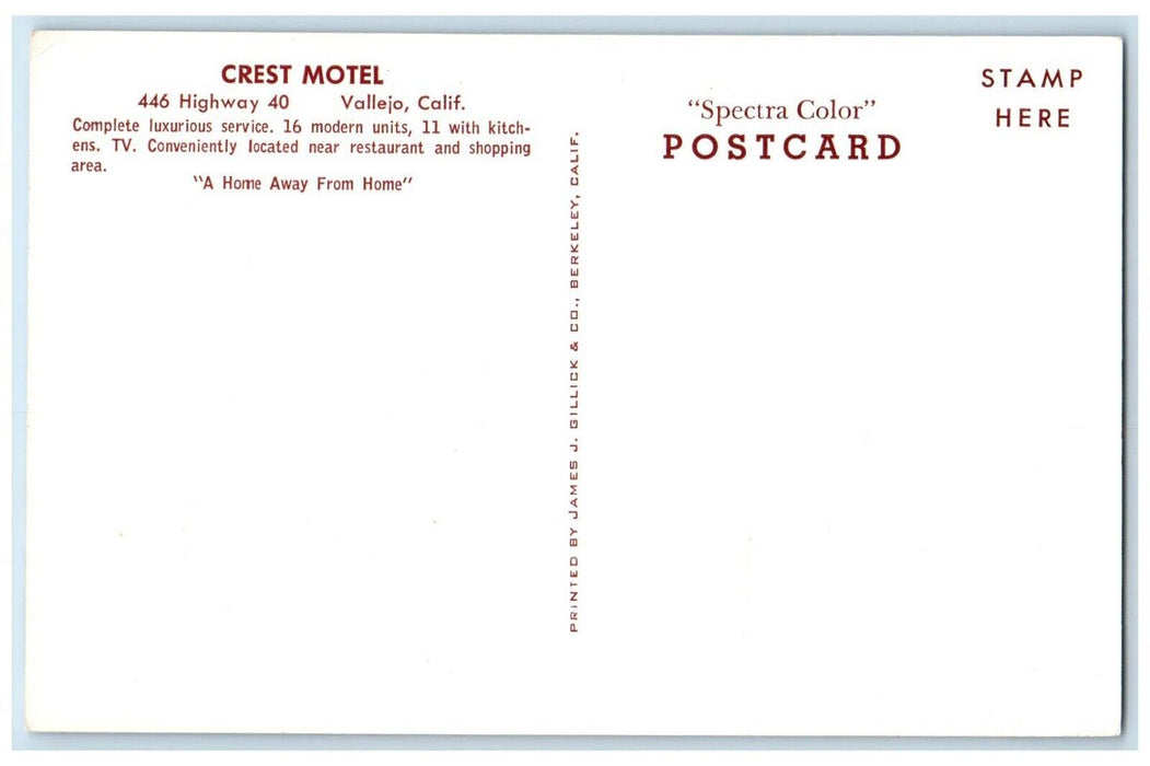 c1960 Crest Motel Highway A Home Away From Home Vallejo California CA Postcard