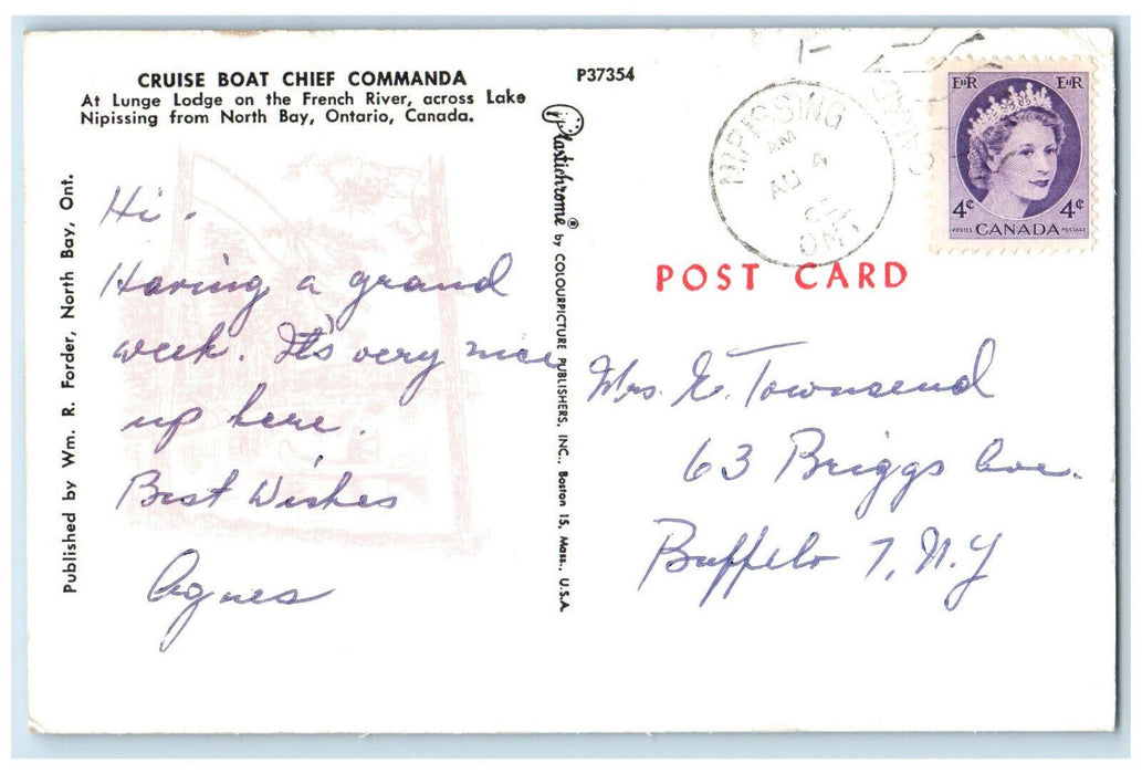 c1960's Cruise Boat Chief Commanda North Bay Ontario Canada Postcard