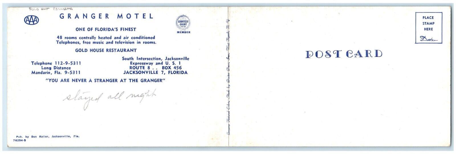 c1960 Granger Motel Gold House Restaurant Florida FL Fold-out Panorama Postcard
