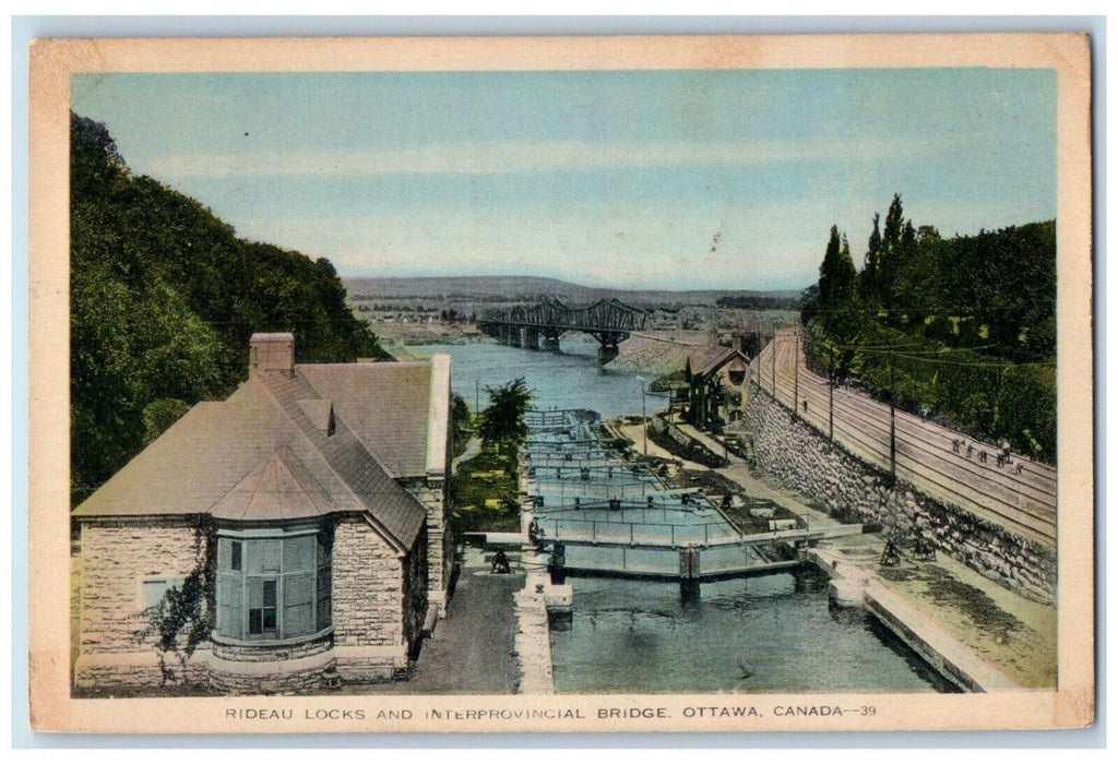 1939 Rideau Locks and Interprovincial Bridge Ottawa Ontario Canada Postcard