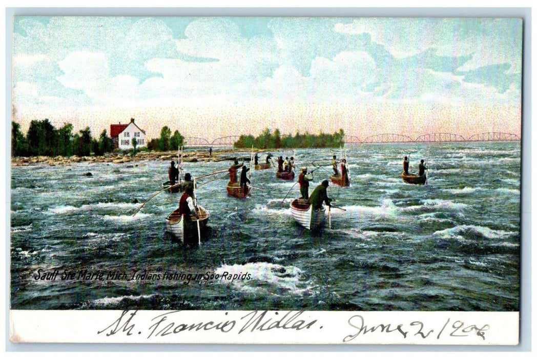 c1905 Indians Fishing Boat Soo Rapids Sault Ste Marie Michigan Vintage Postcard