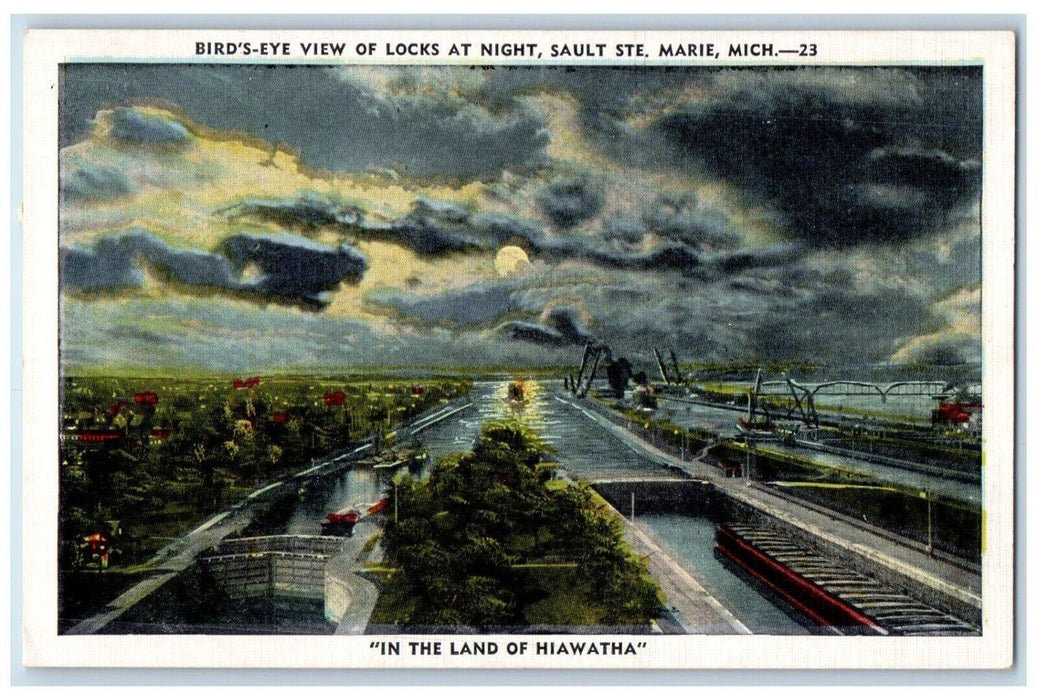 c1940 Land Hiawatha Birds Eye View Locks Night Sault Ste Maria Michigan Postcard