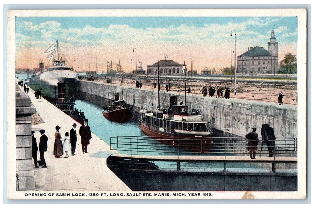 1921 Opening Sabin Lock Boat Steamer Sault Ste Marie Michigan Antique Postcard
