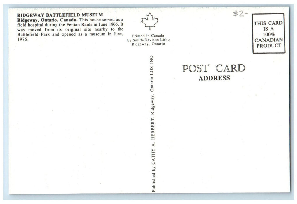 c1960's Ridgeway Battlefield Museum Ridgeway Ontario Canada Vintage Postcard