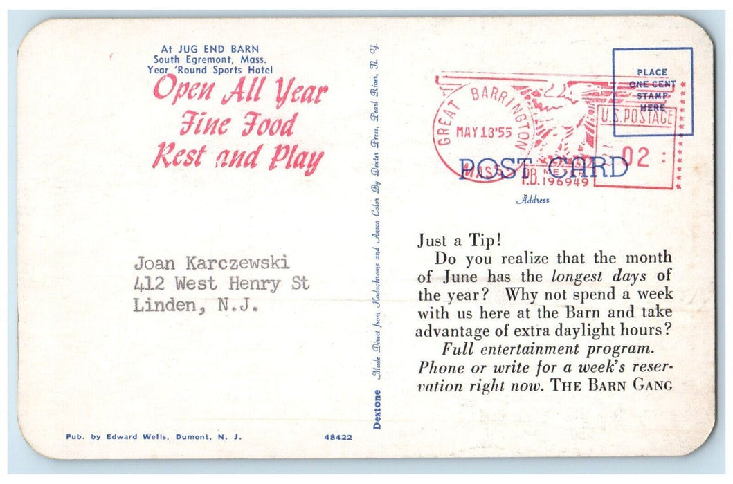1955 Jug End Barn Year Round Sports Hotel South Egremont Massachusetts Postcard